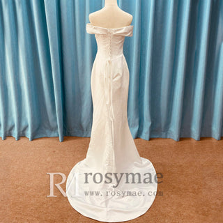 Simple Off Shoulder Ruched Satin Mermaid Wedding Dress with Leg Slit - Rosymae