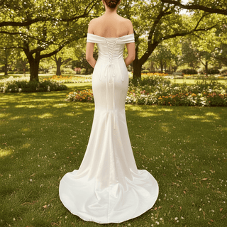 Simple Off Shoulder Ruched Satin Mermaid Wedding Dress with Leg Slit - Rosymae