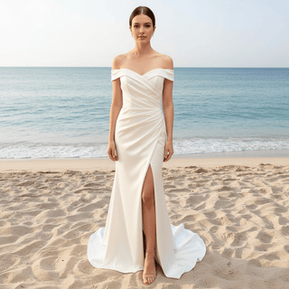Simple Off Shoulder Ruched Satin Mermaid Wedding Dress with Leg Slit - Rosymae