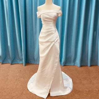 Simple Off Shoulder Ruched Satin Mermaid Wedding Dress with Leg Slit - Rosymae