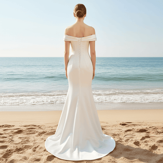 Simple Off Shoulder Ruched Satin Mermaid Wedding Dress with Leg Slit - Rosymae