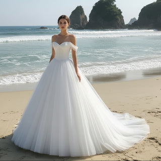 Simple Multi Layer Tulle Low Back Wedding Dress with Off the Shoulder