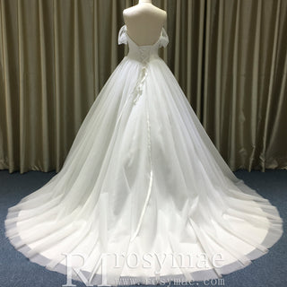 Simple Multi Layer Tulle Low Back Wedding Dress with Off the Shoulder