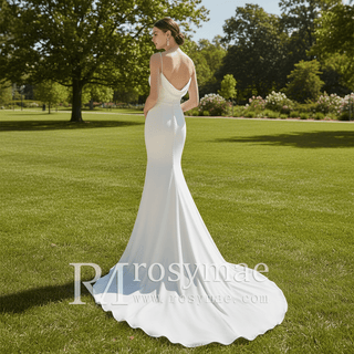 Simple Plain Soft Satin Fit Flare Bridal Gown Wedding Dress - Rosymae