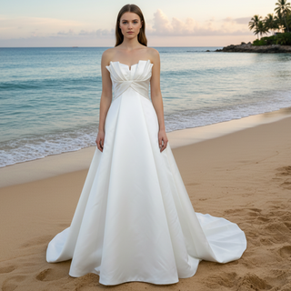 Strapless Unique A Line Asymmetrical Neckline Satin Wedding Dress