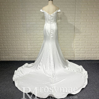 Simple Pleated Satin Mermaid Wedding Dress with Off the Shoulder - Rosymae