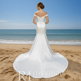 Simple Pleated Satin Mermaid Wedding Dress with Off the Shoulder - Rosymae