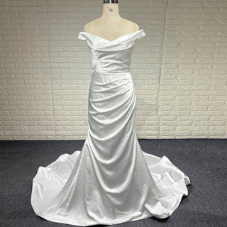 Simple Pleated Satin Mermaid Wedding Dress with Off the Shoulder - Rosymae
