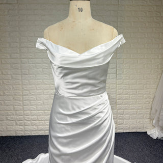 Simple Pleated Satin Mermaid Wedding Dress with Off the Shoulder - Rosymae