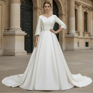 Simple Satin Half Sleeve Bridal Gown Quee Ann Wedding Dresses - Rosymae