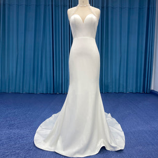 Simple Satin Halter Neckline Mermaid Wedding Dress with Open Back - Rosymae