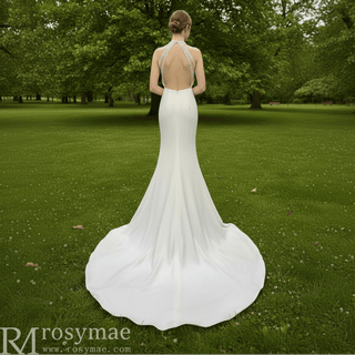 Simple Satin Halter Neckline Mermaid Wedding Dress with Open Back - Rosymae