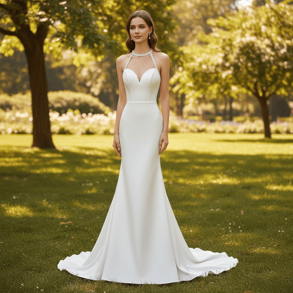 Simple Satin Halter Neckline Mermaid Wedding Dress with Open Back