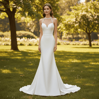 Simple Satin Halter Neckline Mermaid Wedding Dress with Open Back - Rosymae