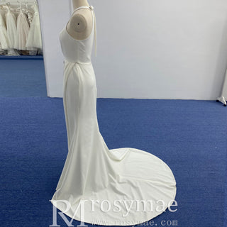 Simple Satin Halter Neckline Wedding Dress with Leg Slit - Rosymae