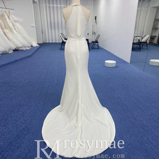 Simple Satin Halter Neckline Wedding Dress with Leg Slit - Rosymae