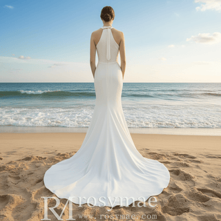 Simple Satin Halter Neckline Wedding Dress with Leg Slit - Rosymae