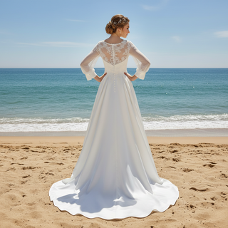 Simple Satin&Lace Lantern Sleeve Wedding Dress Illusion