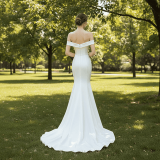 Simple Satin Mermaid Beach Wedding Dress with Off the Shoulder - Rosymae