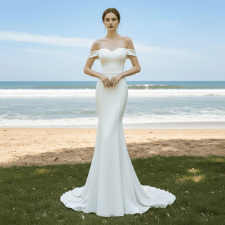 Simple Satin Mermaid Beach Wedding Dress with Off the Shoulder - Rosymae
