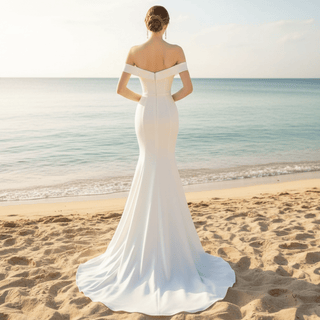 Simple Satin Mermaid Beach Wedding Dress with Off the Shoulder - Rosymae