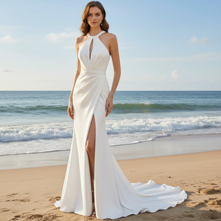 Simple Satin Halter Neckline Wedding Dress with Leg Slit