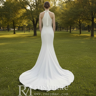 Simple Satin Halter Neckline Wedding Dress with Leg Slit