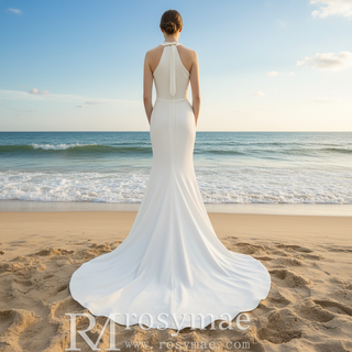 Simple Satin Halter Neckline Wedding Dress with Leg Slit