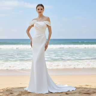 Off Shoulder Simple Mermaid Wedding Dress with Handmade Flowers