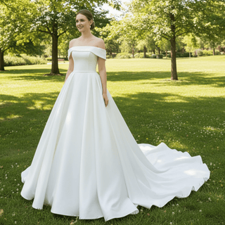 Simple Satin Off the Shoulder Plus Size Wedding Dress for Women - Rosymae