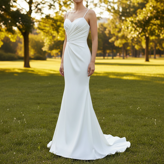 Spaghetti Strap Simple Satin Mermaid Wedding Dress with Leg Slit