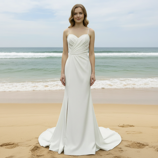 Spaghetti Strap Simple Satin Mermaid Wedding Dress with Leg Slit