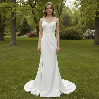 Spaghetti Strap Simple Satin Mermaid Wedding Dress with Leg Slit
