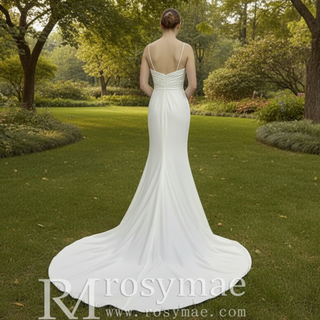 Spaghetti Strap Simple Satin Mermaid Wedding Dress with Leg Slit