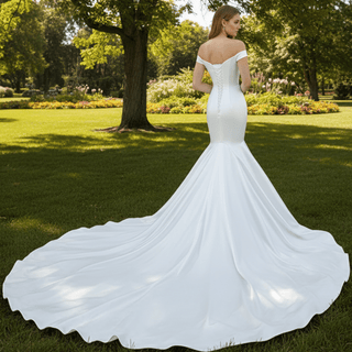 Simple Satin Trumpet Wedding Dress with Off the Shoulder - Rosymae