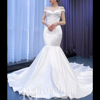 Simple Satin Trumpet Wedding Dress with Off the Shoulder - Rosymae