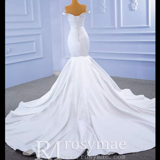 Simple Satin Trumpet Wedding Dress with Off the Shoulder - Rosymae
