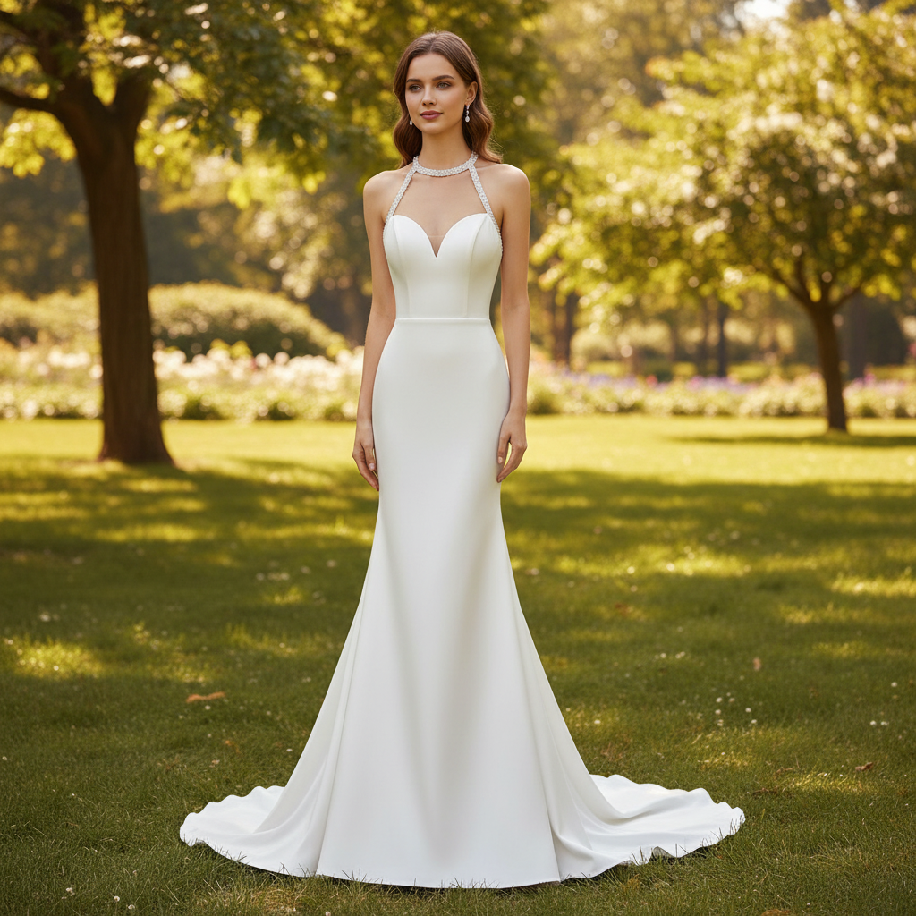 Simple Satin Halter Neckline Mermaid Wedding Dress with Open Back Rosymae Simple Satin Halter Neckline Mermaid Wedding Dress with Open Back Rosymae