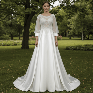 Simple Satin&Lace Lantern Sleeve Wedding Dress Illusion - Rosymae