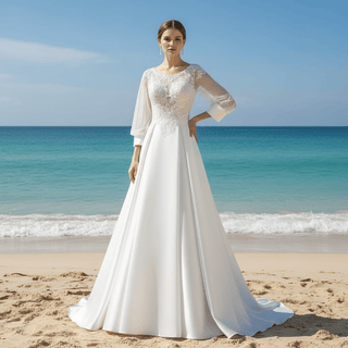 Simple Satin&Lace Lantern Sleeve Wedding Dress Illusion - Rosymae