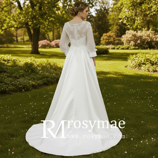 Simple Satin&Lace Lantern Sleeve Wedding Dress Illusion - Rosymae