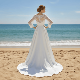 Simple Satin&Lace Lantern Sleeve Wedding Dress Illusion - Rosymae