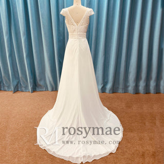 Simple Sheath Chiffon Wedding Dress with Vneck and Capped Sleeves - Rosymae
