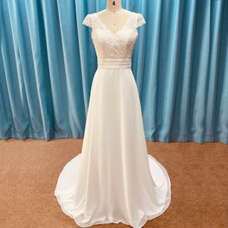 Simple Sheath Chiffon Wedding Dress with Vneck and Capped Sleeves - Rosymae