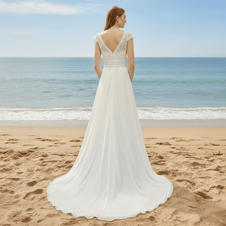 Simple Sheath Chiffon Wedding Dress with Vneck and Capped Sleeves - Rosymae