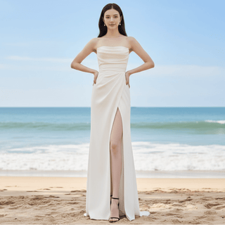 Simple Sleek Satin Wedding Dress with Leg Slit for Women - Rosymae