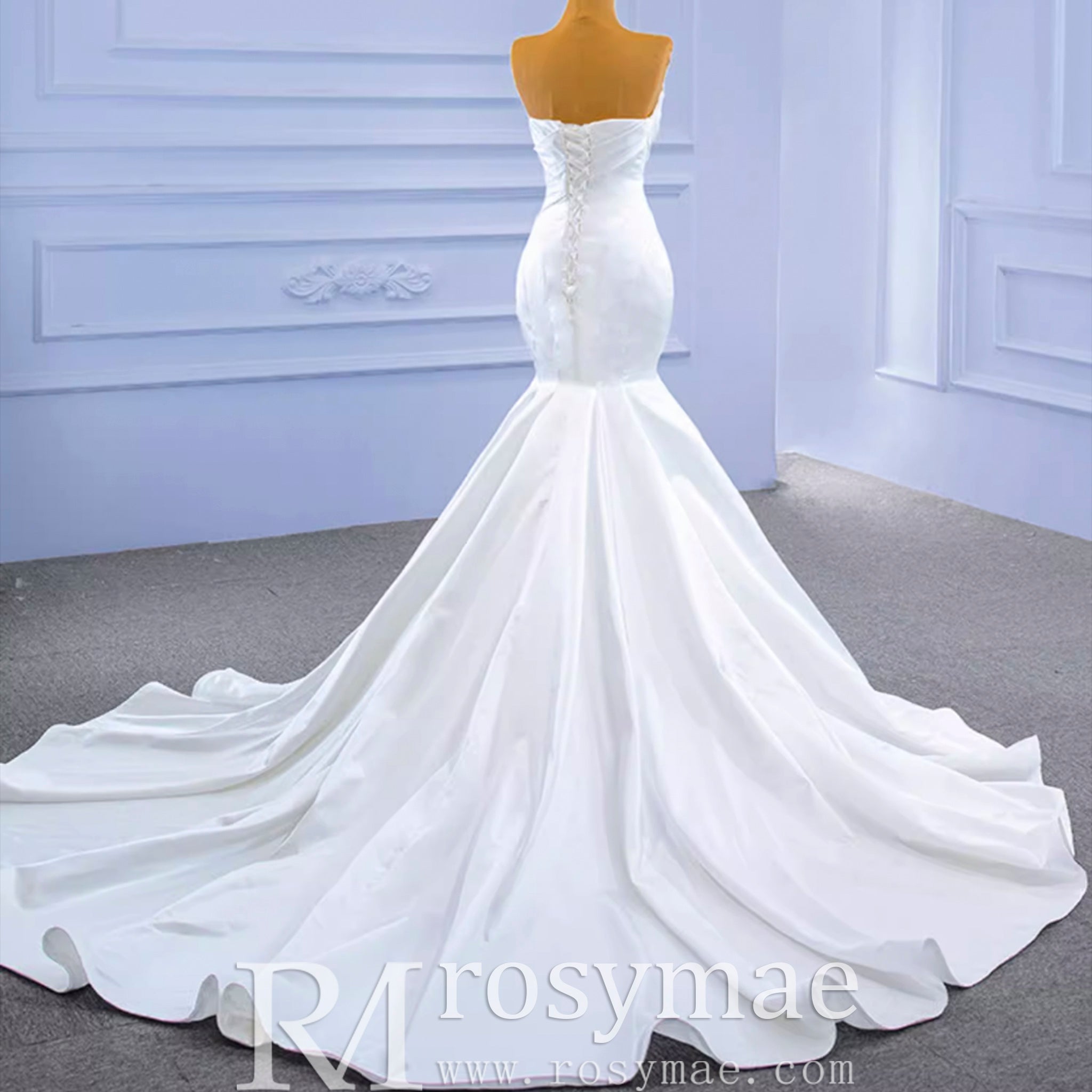 Simple Strapless Satin Trumpet Boat Neck Wedding Dress - Rosymae
