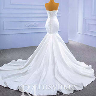 Simple Strapless Satin Trumpet Boat Neck Wedding Dress - Rosymae