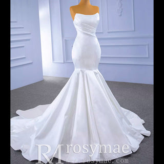 Simple Strapless Satin Trumpet Boat Neck Wedding Dress - Rosymae