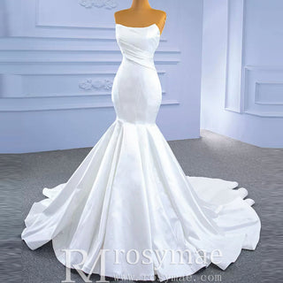 Simple Strapless Satin Trumpet Boat Neck Wedding Dress - Rosymae
